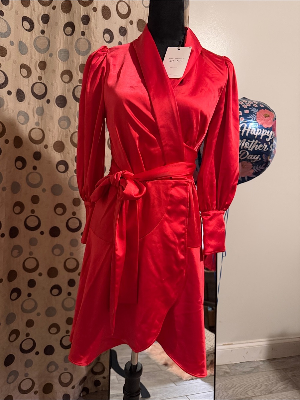 Atlanta Satin Wrap Dress - Red Long Sleeve